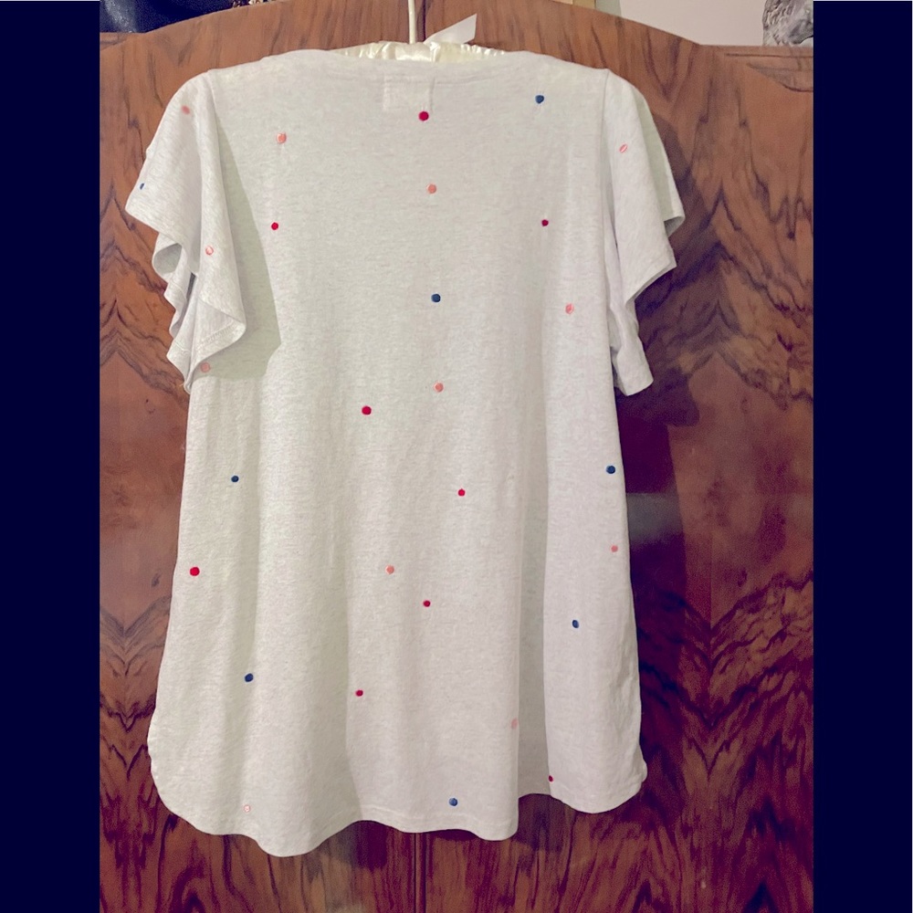 Anthropologie Flutter Sleeve Tee with multi colored embroidered Swiss Dots. - Picture 7 of 15